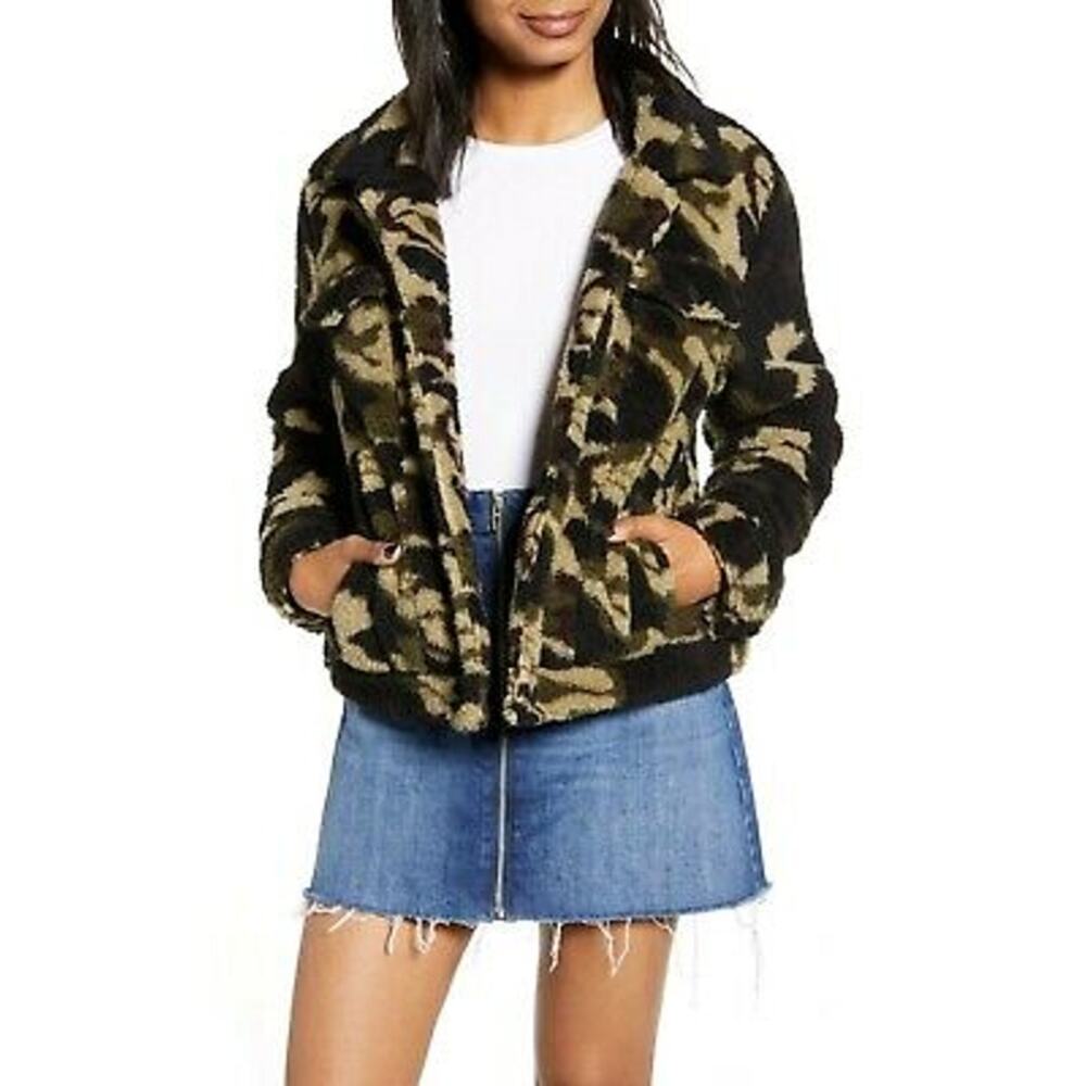 Blank NYC Green Camo Fleece Sherpa Trucker Teddy Bomber Jacket Women's Size L